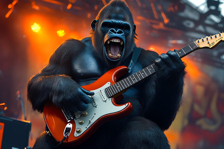 Gorilla with an electric guitar on stage. 3d renderingの素材