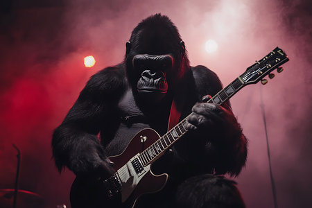 Gorilla with electric guitar on stage. Rock band performing live.の素材