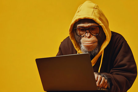 Funny monkey in hoodie and eyeglasses with laptop on yellow backgroundの素材