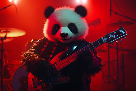 Panda with a guitar on a red background. A panda with a guitar in a nightclub.の素材
