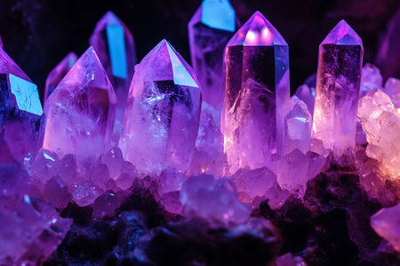 close up view of crystals of amethyst on dark background with copy spaceの素材