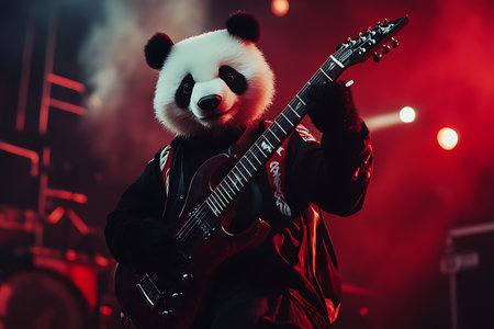 A panda in a red jacket plays the guitar on stage.の素材
