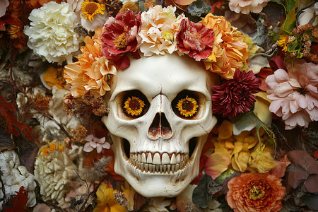 Skull with floral wreath on a background of dried flowers.の素材
