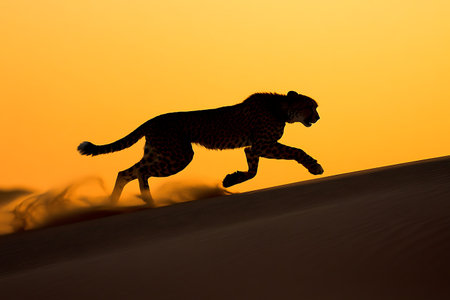 Cheetah running in the desert at sunset, Namibia.の素材
