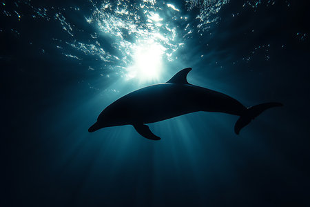 Dolphin swimming in the deep blue sea with sunrays and raysの素材