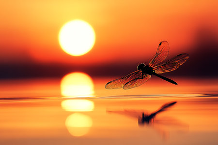 Dragonfly on sunset with reflection in water. Beautiful nature background.の素材