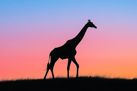 Giraffe silhouette on sunset background. 3d render illustration.の素材