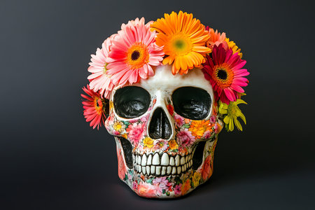 Mexican sugar skull with flowers on black background. Day of The Dead.の素材