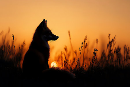 Silhouette of a beautiful siberian husky at sunsetの素材