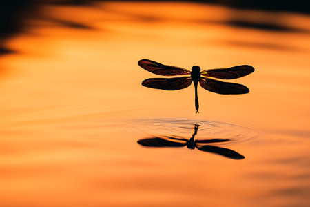 Dragonfly on a water surface at sunset with reflection in the waterの素材