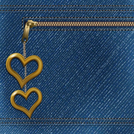 Vector realistic denim background with two metallic hearts のイラスト素材