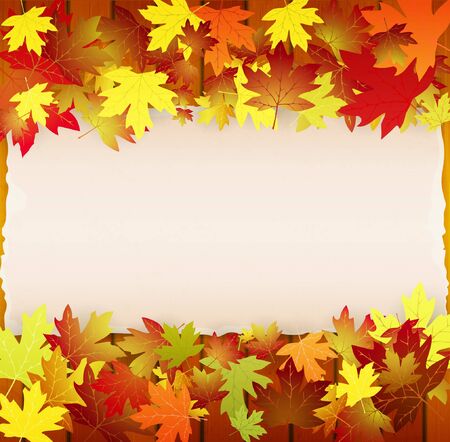Autumn background with leaves, wood boards and cardboard bannerのイラスト素材