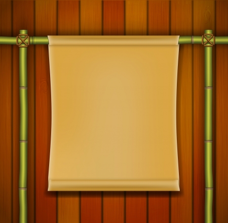 Bamboo frame with parchment banner on the wooden backgroundのイラスト素材