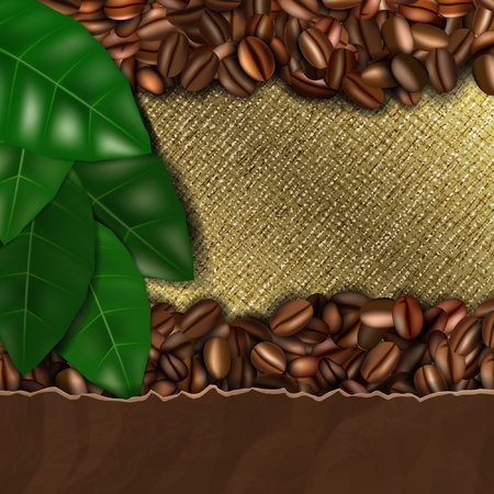 Burlap background with coffee beans and leavesのイラスト素材