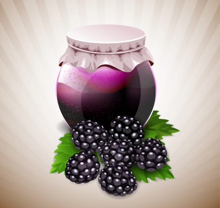 jar of jam with blackberry and leavesのイラスト素材