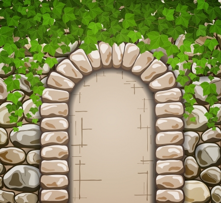 Stone wall with medieval arch and leavesのイラスト素材