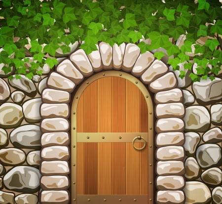 Stone wall with arched medieval wooden door and leavesのイラスト素材