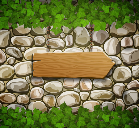 Stone wall with wooden arrow and leavesのイラスト素材