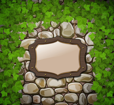 Stone wall with wooden shield and leavesのイラスト素材