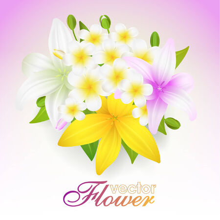 Beautiful flowers background, vector illustration with lilies - flowers, buds and leavesのイラスト素材