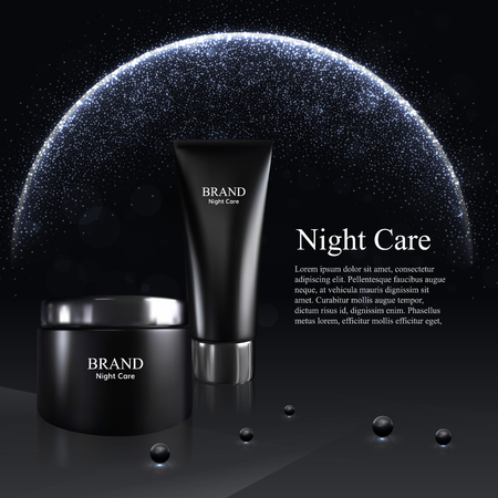 Cream mask and skin toner bottles isolated on the black background with pearls. 3D Realistic vector illustrationのイラスト素材