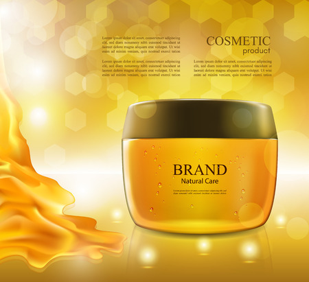 Cosmetic ads poster.Moisturizing nourishing cream for skin protection based on natural ingredients isolated on glowing background.Mockup 3D Realistic vector illustration with honey on the yellow-golden backgroundのイラスト素材