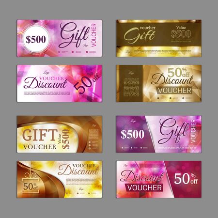 Gift voucher template pack. Can be use for shopping cards, discount coupon, banner, discount card , web design and other. Vector illustration. Abstract designのイラスト素材