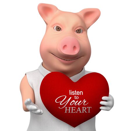 Stylized smiling pig with heart as gift. 3d cartoon cute character  isolated on white background.  Romantic illustration for your design..の写真素材