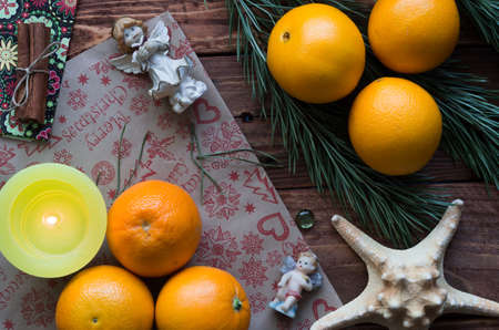 The ripe oranges on the gift wrapperの写真素材