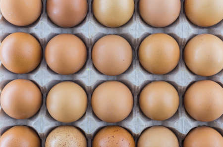 The cardboard egg tray with brown chicken eggs. View from above.の写真素材