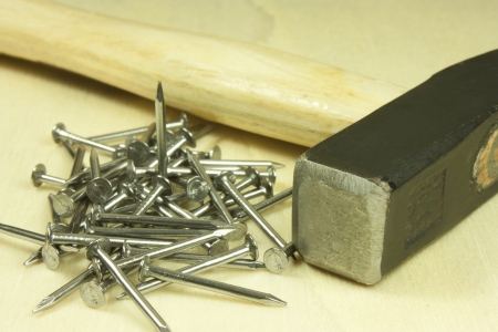 various work tools on wooden panelの写真素材