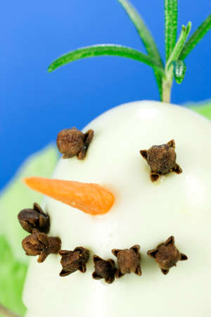 snowman gastronomic made with boiled eggs and cloveの写真素材