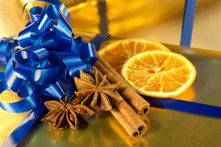 orange star anise and cinnamon as decorationsの写真素材