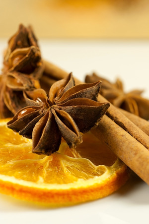 orange star anise and cinnamon as decorationsの写真素材