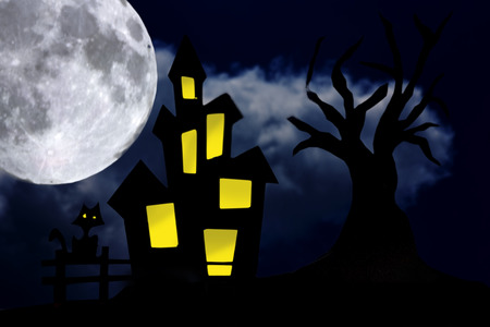 disturbing spooky house in the night with tree and catの写真素材