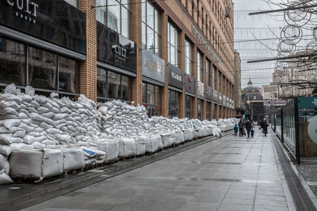 Dnipro, Ukraine - Mar 15 2022 Fortifications, roadblocks, barriers, theater, protection, streets,...