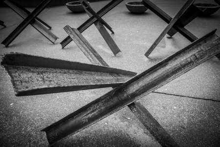 Dnipro, Ukraine - Mar 15 2022 Fortifications, roadblocks, barriers, protection, streets, cars, war, Ukraineのeditorial素材