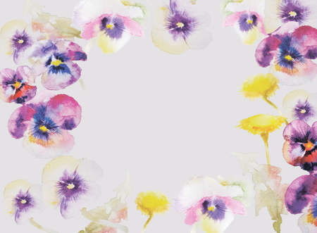 pansies spring watercolor purple backgroundの写真素材