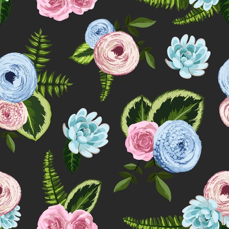 Seamless vintage pattern with painted flower, leaves and plants. Vector illustrationのイラスト素材