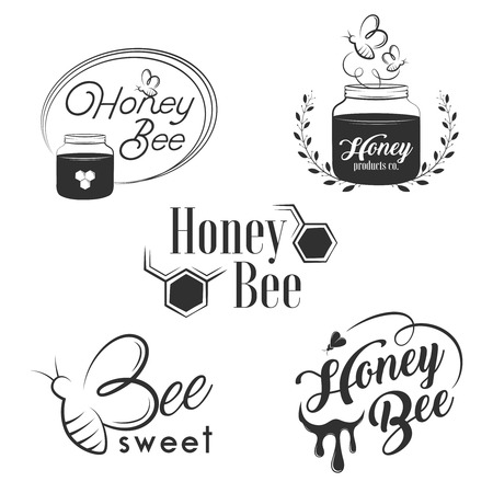 Honey and beekeeping set of vector emblems, labels, badges in vintage style isolated on white background.  Apiary logo templateのイラスト素材