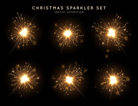 Christmas bengal lights set. Different stages of sparkler burning. Golden vector elements and light effects. Template for holiday cards, banners, landing page and illustration.のイラスト素材