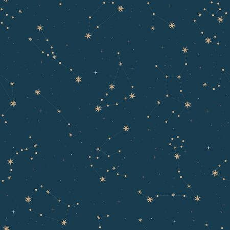 Seamless pattern of zodiac constellations. Gold stars on dark virid background. Astrology print,...