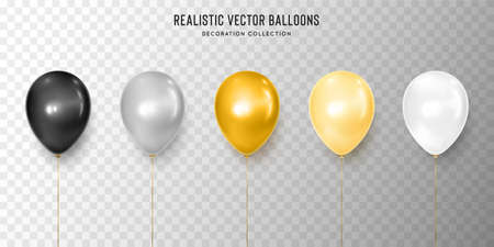 Realistic black, silver, gold, yellow and white balloon vector illustration on transparent background. Decoration element design for birthday, wedding, parties, celebrate festive. Vector template.のイラスト素材