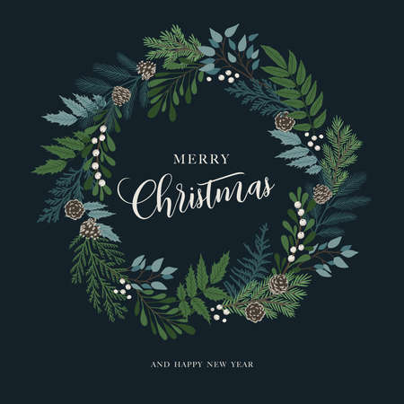 Christmas wreath with holly berries, mistletoe, pine and fir branches, cones, rowan berries. Xmas and happy new year postcard. Vector illustration, holiday invitationのイラスト素材