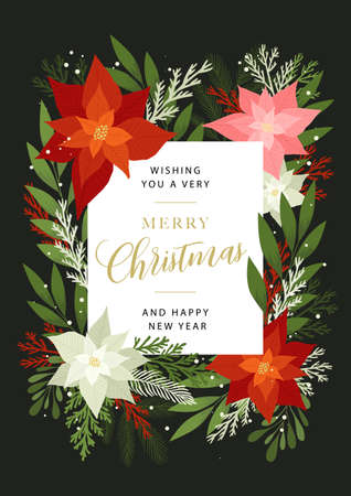 Christmas invitation with plants, floral, poinsettia, fir and pine branches, berries. Vector postcard, xmas design template. Holiday card with nature elementsのイラスト素材