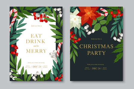 Merry Christmas and Happy New Year party invitation. Vector posters with poinsettia, holly berries, fir and pine branches, cones, rowan, lollipops. Holiday cards.のイラスト素材