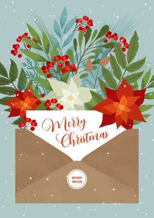 Christmas letter with flower and plants. Vector Holiday poster with poinsettias, holly berries, rowan, fir and playing be branches. Xmas and NY cardのイラスト素材