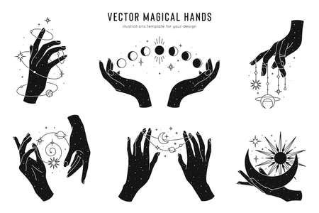 Vector magical hands set of logo template. Linear style, minimal design. Planets, moon phases, sun and stars. Esoteric and mystical design elements.のイラスト素材