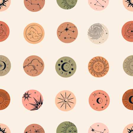 Vector magic seamless pattern with constellations, sun, moon, magic eyes, clouds and stars. Mystical esoteric background for design of fabric, packaging, astrology, phone case, yoga mat, notebook covers, wrapping paper.のイラスト素材