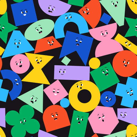Seamless pattern with cute cartoon geometric figures with different face emotions. Colorful funny...